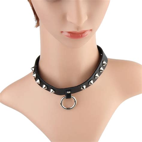 Seanuo 2017 Sharp Rivet Leather Choker Necklace With Circle Slave