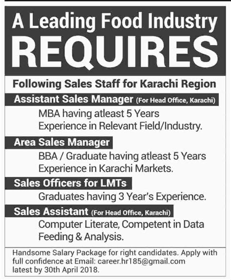 The incumbent should have excellent communication skills. Leading Food Industry Jobs 2018 for Various Sales Staff ...