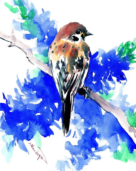 Sparrow And Blue Flowers Watercolor Painting Etsy Watercolor