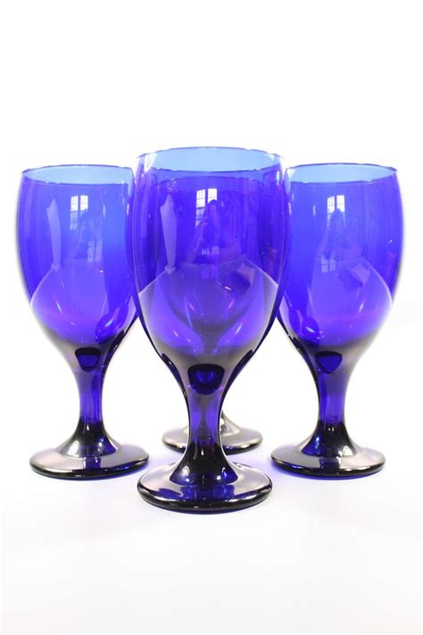 1970s Libbey Cobalt Wine Goblets 4 70s Vintage Blue Water Glasses Set Of Four Cobalt