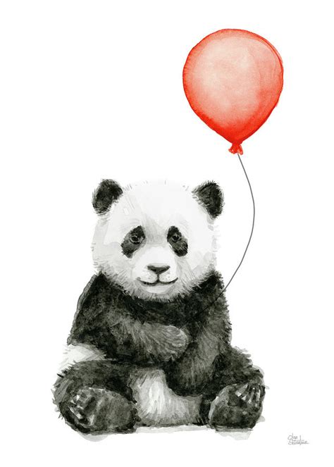 Panda Baby And Red Balloon Nursery Animals Decor Painting By Olga Shvartsur