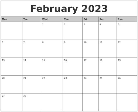 February 2023 Monthly Calendar Printable