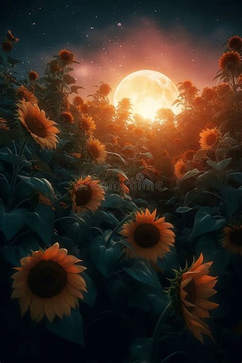 Field Of Sunflowers At Full Moon Night Stock Illustration