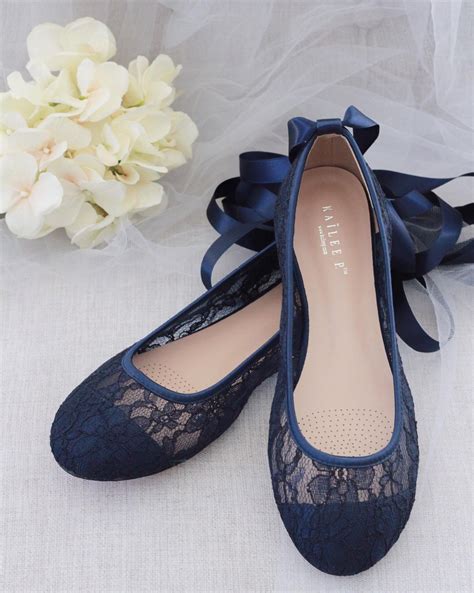 Navy Lace Round Toe Ballerina Lace Up Flats Something Blue Bride Shoes