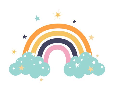 Colorful Cute Rainbow With Blue Clouds Stars On A White Background