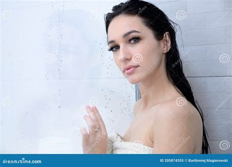 Young Woman Under Shower With Water Drops Stock Image Image Of
