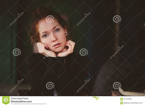 Close Up Of Sad Redhead Girl With Freckles Sulking Angry Or Gloomy