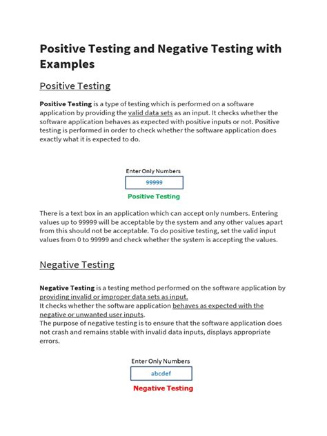Positive Testing And Negative Testing With Examples Pdf Software