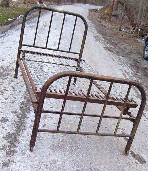 Antique Iron Metal Twin Bed With Original Side Rails And Box Springs