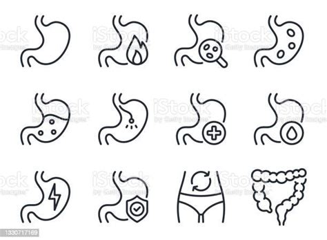 Stomach Ache And Pain Related Editable Stroke Outline Icons Set