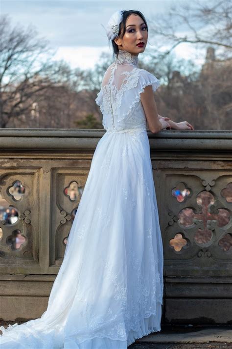 Vintage 70s White Victorian Style Lace Bridal Dress Edwardian Sheer