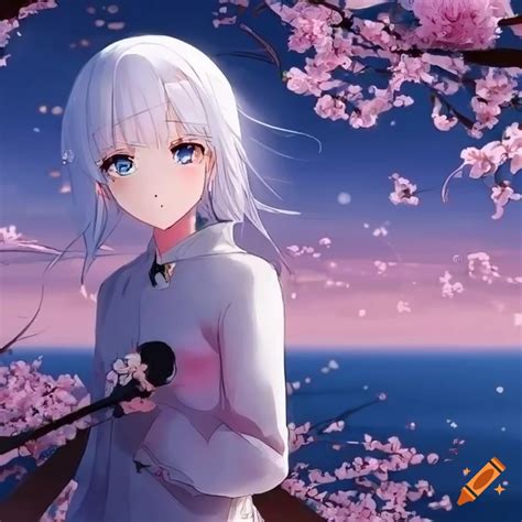 Anime Girl With White Hair Surrounded By Cherry Blossoms On Craiyon