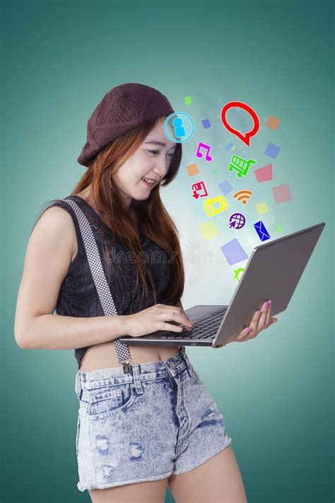 Girl Using Social Media With Laptop Stock Image Image Of Girl Beautiful 71835133