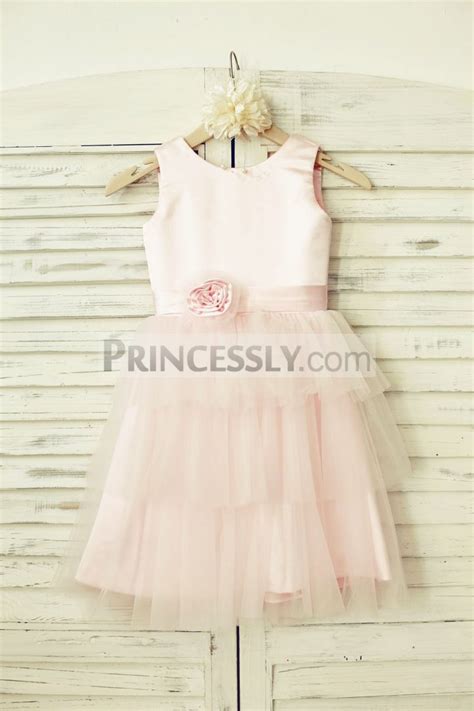 Sleeveless Blush Pink Satin Tulle Cupcake Wedding Flower Girl Dress Avivaly