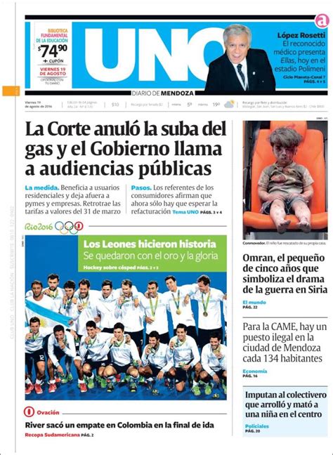 Newspaper Diario Uno Argentina Newspapers In Argentina Fridays Edition August 19 Of 2016