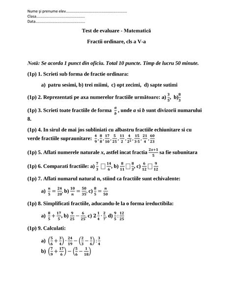 Academiaabc Evaluare Matematică Fracții Ordinare Clasa A V A