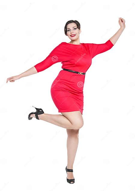 Happy Beautiful Plus Size Woman In Red Dress With Hands Up Stock Image