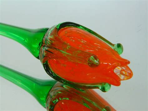 Vintage Murano Italy 19 Long Stem Orange Swirl To Clear Rose Flower Bud Hand Blown Art Glass