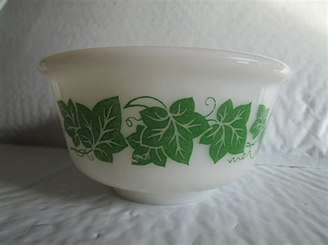 Vintage Hazel Atlas Small Milk Glass Bowl W Green Ivy Etsy
