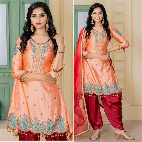 Light Peach Color Dhoti Style Satin Punjabi Patiala Salwar Suit Light Peach Color Patiala