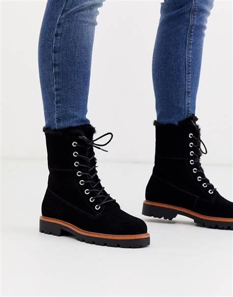 asos design atlantis suede fur lace up boots in black asos womens boots ankle boots ankle