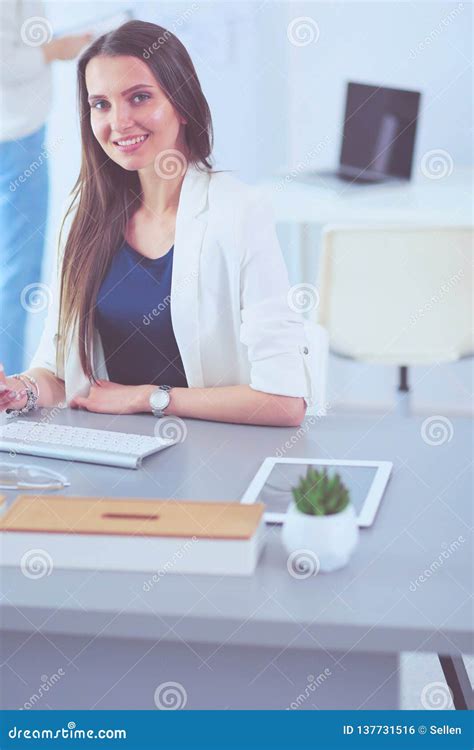 Attractive Business Woman Working On Laptop At Office Business People