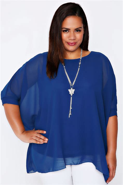 Blue Batwing Sleeve Chiffon Top With Necklace Plus Size 1618202224