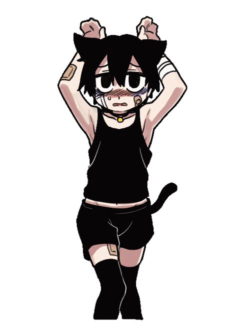 an anime character with black hair and cat ears holding her head above her head