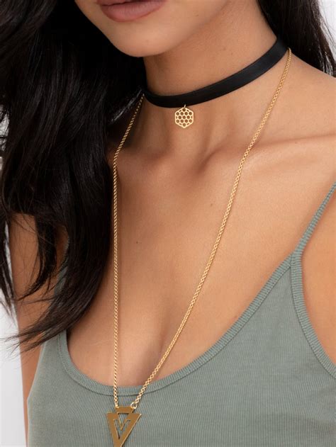 Black Faux Leather Choker Necklace With Gold Hexagon Pendant Etsy