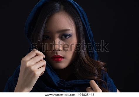 Mysterious Girl Wearing Red Lipstick Blue Stock Photo 494835448