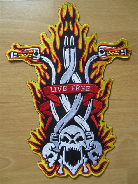 12 8 inches the flames double guns skull large embroidery patches for jacket back vest