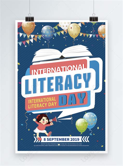 Template Poster Kreatif Kartun Hari Literasi Internasional Biru Untuk