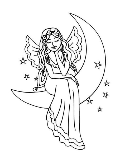 Beautiful Fairy Sitting On The Moon Coloring Page Coloring Sky