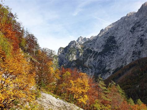 Logar Valley Mountains Kamnik Alps And Autumn Trees In Slovenia Stock