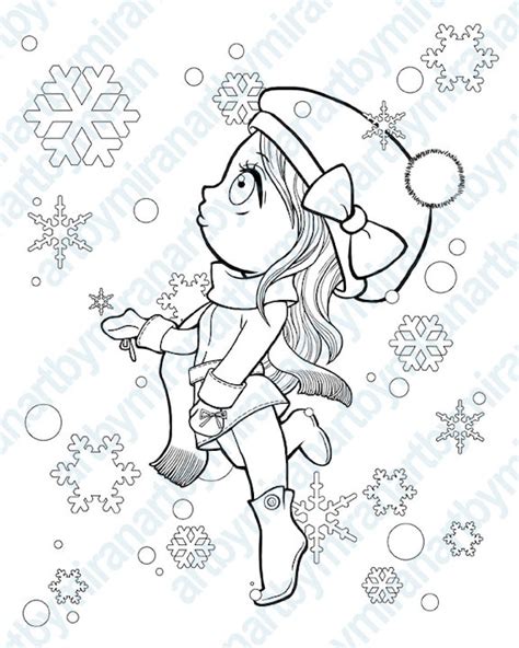 Christmas Digital Stamp Winter Coloring Page Snowflake And Girl
