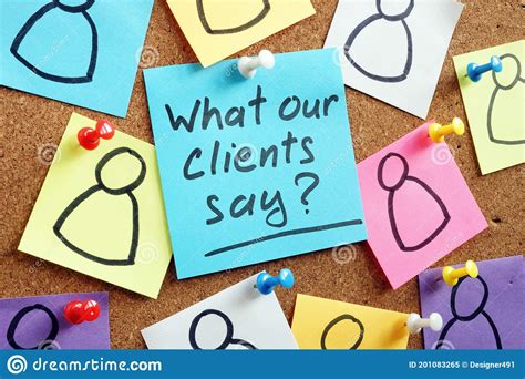 What Our Clients Say Question On The Piece Of Paper And Figures Stock