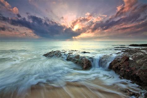 Beach Sea Dawn Dusk Landscape Ocean Rocks Sunlight Wallpaperhd Nature
