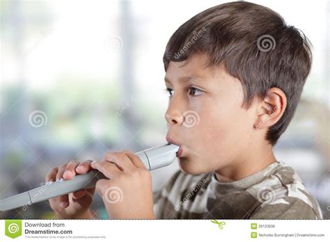 Boy Playing Recorder Stock Photo Image Of Joyful Blowing 26123936