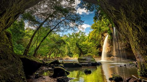 デスクトップ壁紙 自然 風景 トロピカル 木 森林 水 岩 モス 雲 空 洞窟 滝 Haew Suwat