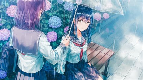 Umbrella Rain Black Hair Anime Girls Anime Hd Wallpaper