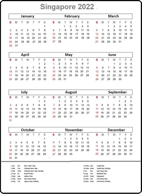 Printable Singapore 2022 Calendar With Holidays Pdf