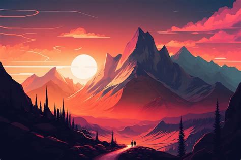 Premium Photo Illustration Of A Breathtaking Sunset Over A Mountain Range