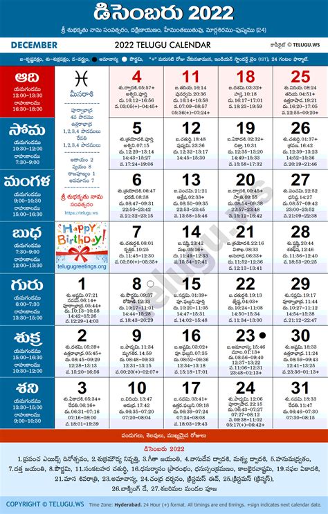 Telugu Calendar 2022 December Pdf Print With Festivals And Holidays List