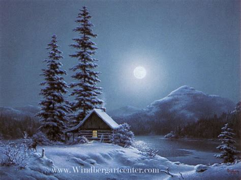 Beautiful Snow Scenes At Night Lakeside Hideaway” By Dalhart Windberg