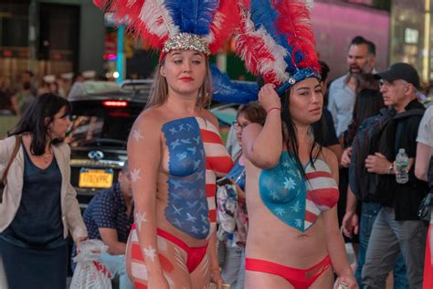 New York Usa May Naked Girls With American Paintaed Flag