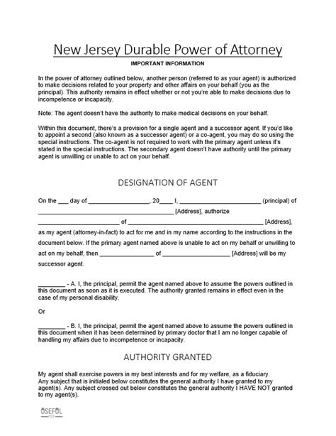 Free New Jersey Power Of Attorney Forms Template 10 Types