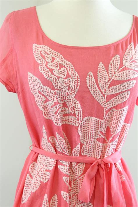 Yoana Baraschi Anthropologie Coral Pink Floral Sequin Shift Dress Tie