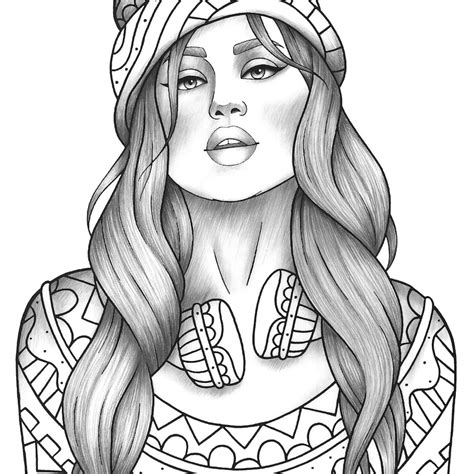 Adult Coloring Page Girl Portrait With Headphones And Knitted Etsy