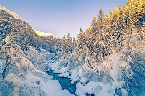 Alps Sunrise Winter Mountain Forest Snow River White Landscape Nature Wallpapers HD