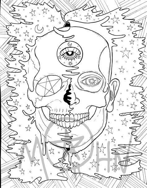 Psychedelic Skull Face Coloring Page Etsy